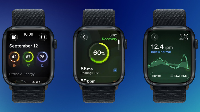 The Bevel app interface on Apple Watch displaying recovery scores and heart rate variability data.