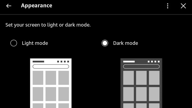 The Appearance settings panel on a Kindle device showing the toggle for Dark Mode.