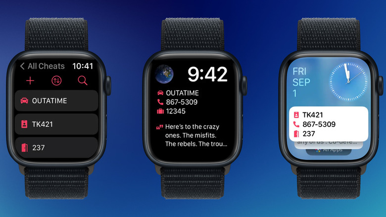 The Cheatsheet app on Apple Watch displaying a list of quick notes and corresponding watch face complications.