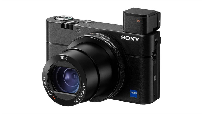 The Sony Cyber-Shot RX100 V compact camera viewed from the front.