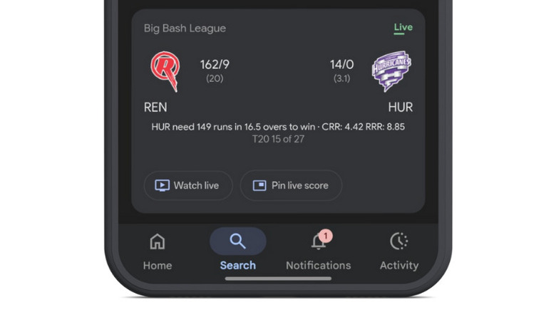 The Google app interface showing a sports match card with the 'Pin live score' button highlighted.
