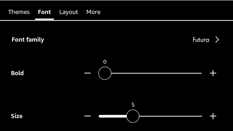 Close-up of the Kindle Aa menu showing various font face and size options.