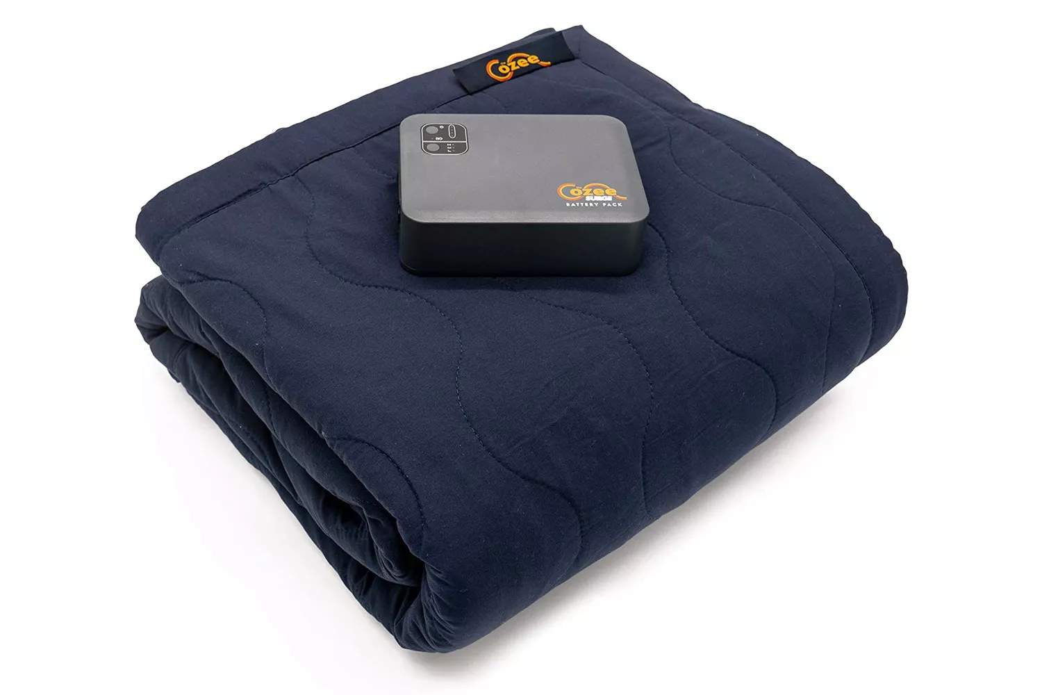 A navy blue Cozee cordless heated blanket featuring its dedicated battery power unit.