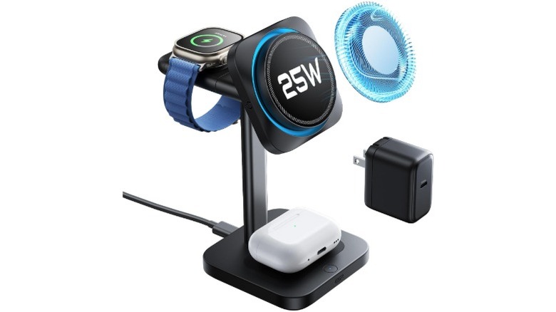 A 3D render of the ESR 3-in-1 MagSafe Charging Station with various Apple accessories.