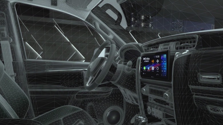 A digital visualization showing sound waves radiating from speakers and being calibrated for the driver's seat position.