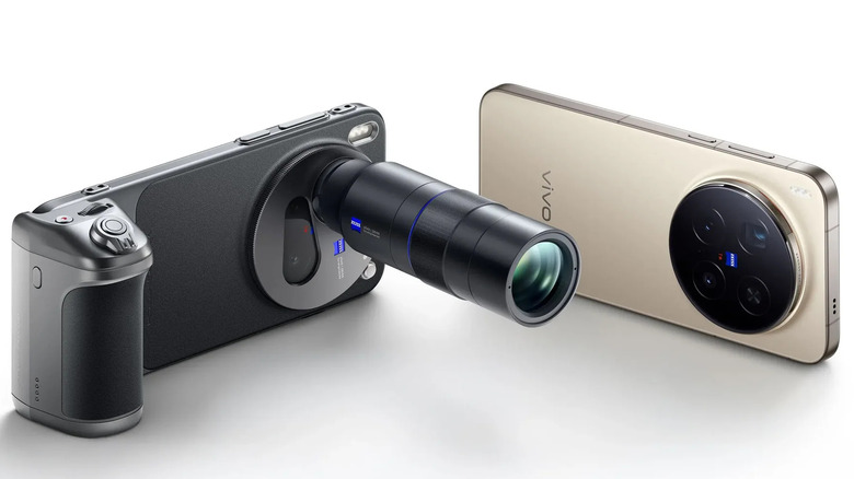 Standard vivo X300 Pro next to a unit equipped with a professional telephoto converter kit.
