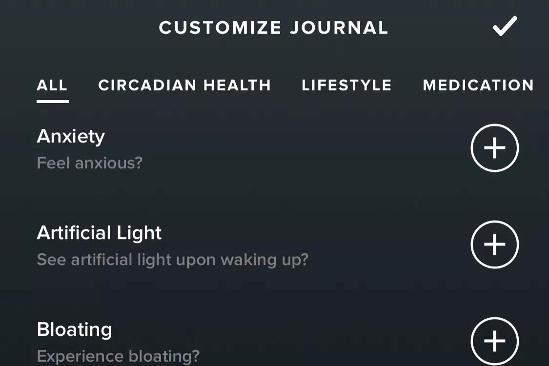 User interface of the Whoop Journal showing tracking options for anxiety, light exposure, and other wellness habits.