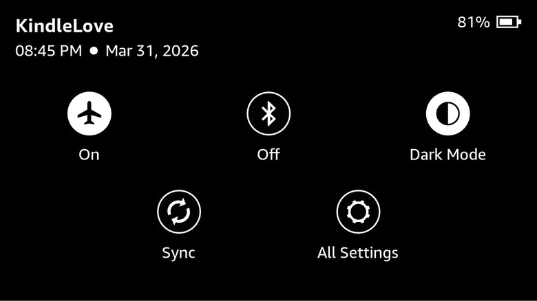 The Kindle Quick Actions menu with the Airplane Mode icon toggled on.
