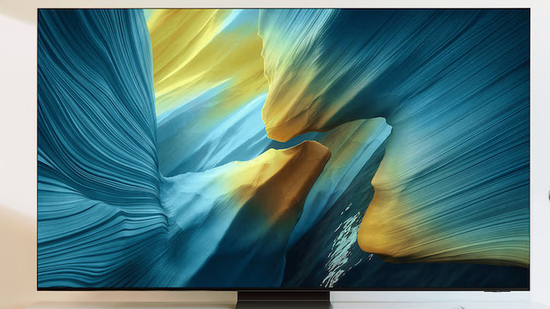 A man and his dog sitting in front of the Samsung S95F OLED TV.