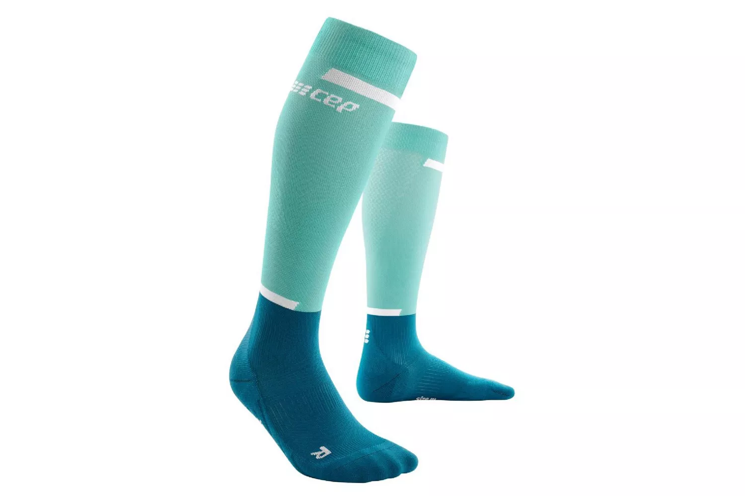 A pair of teal and blue CEP brand compression socks designed for running.