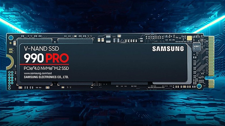 Samsung 990 Pro NVMe SSD over a blue digital tech background.