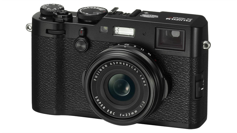 A silver and black Fujifilm X100F digital camera against a clean white background.
