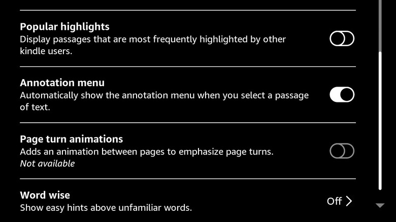 The Kindle settings screen displaying the Page Turn Animation toggle switch.