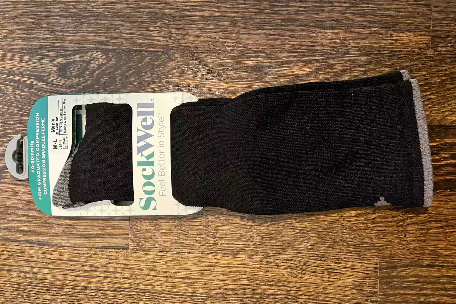 Packaged Sockwell Men's Firm Graduated Compression Socks showing 20-30mmHg rating.