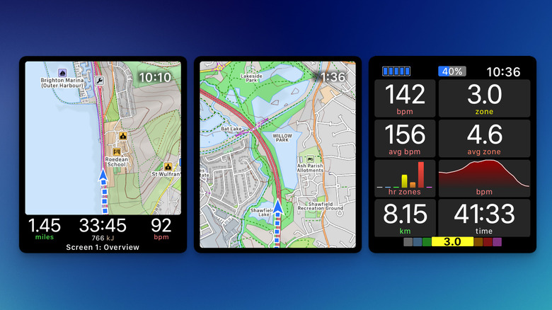 A detailed map and workout metrics display on the WorkOutDoors Apple Watch app interface.