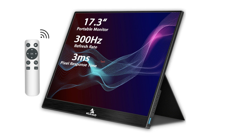 The NexiGo NG17FGQ portable gaming monitor with its remote control.