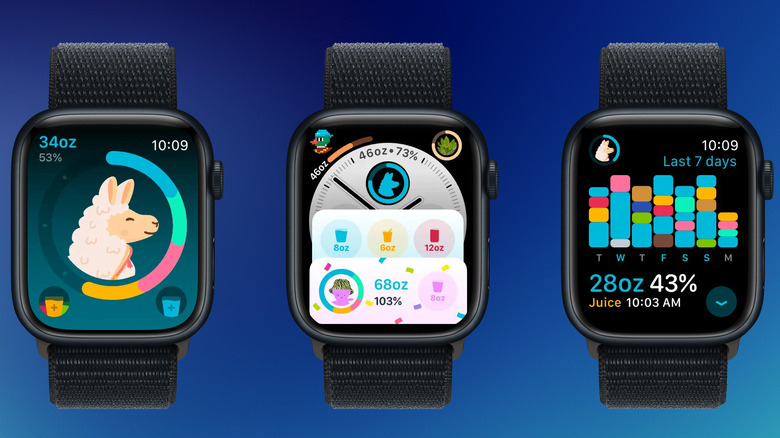 The Waterllama app on Apple Watch showing a colorful progress ring for daily water intake.