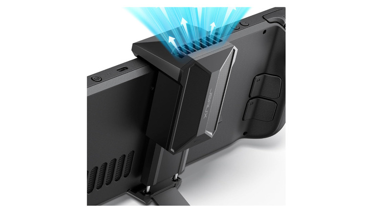 A black JSAUX external cooling fan clipped onto the rear exhaust vent of a Steam Deck.