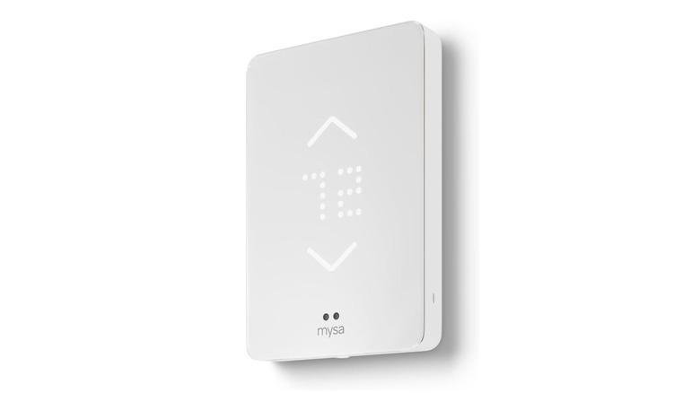 A minimalist gray Mysa Smart Thermostat designed for electric baseboard heaters.