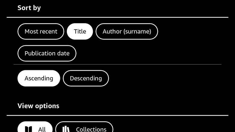 A Kindle library screen showing the Sort By menu with options for Recent, Title, and Author.