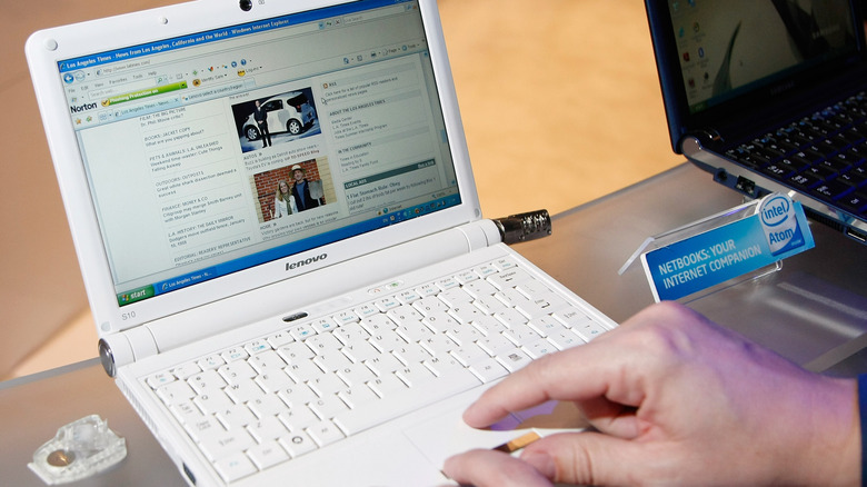 A small Lenovo netbook showing its compact keyboard and screen layout.