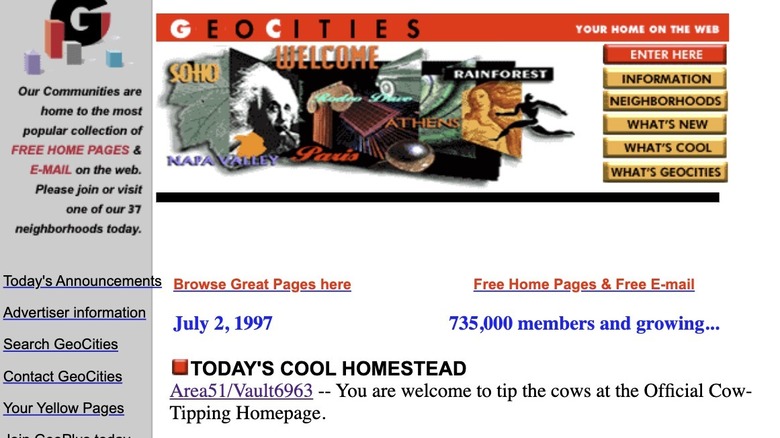 A screenshot of an early Geocities homepage with retro web design elements.
