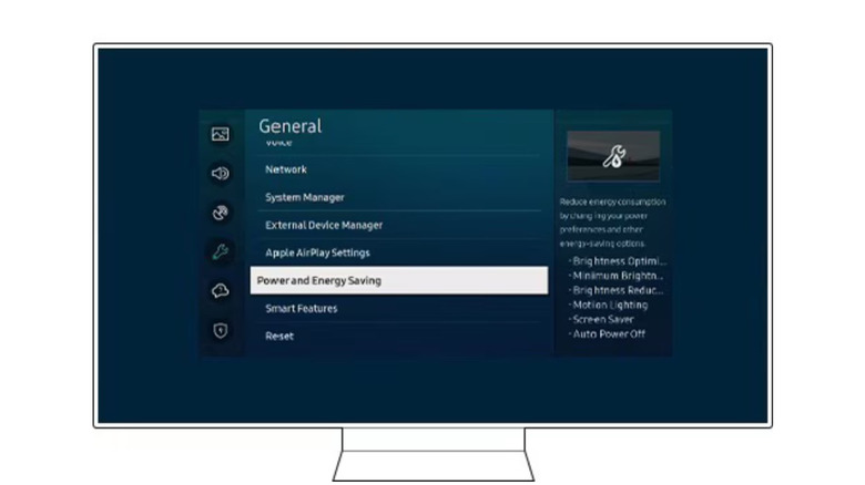 The Power and Energy Saving menu option highlighted within the Samsung TV system settings.