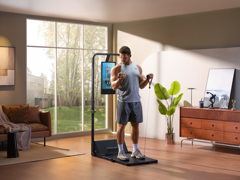 The high-definition 32-inch touchscreen display of the Speediance Gym Monster 2 showing a workout dashboard.